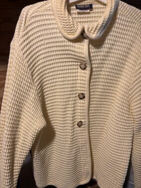 Women's Cream Waffle-Knit Button Cardigan Sweater - Petite Collar